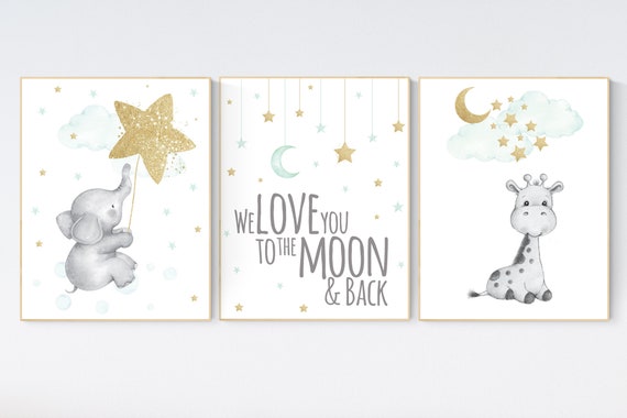 Nursery decor mint gold, mint green and gold, elephant, giraffe, bear nursery, name nursery, mint gold, nursery wall decor, nursery art