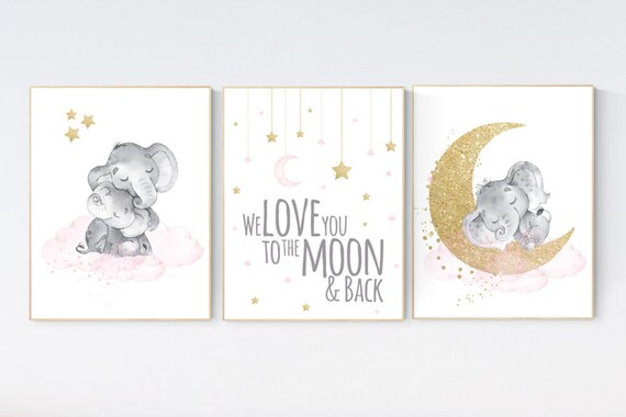 Nursery wall art girl elephant, pink and gold nursery, we love you to the moon and back, pink nursery art, cloud and stars, baby room decor