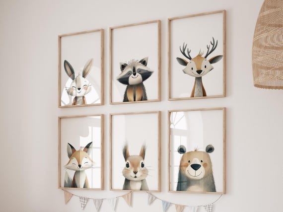 Woodland Nursery Wall Art Set of 6, Neutral Animal Prints