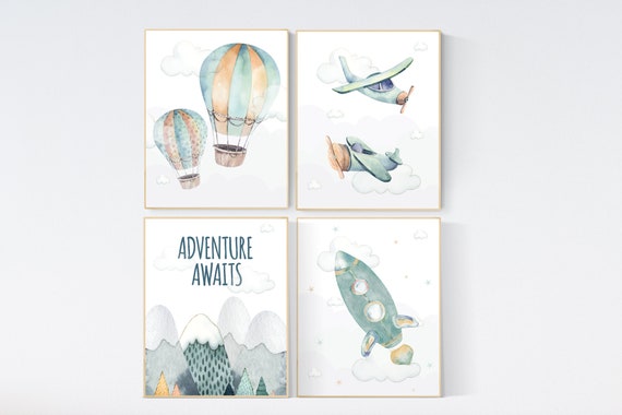 Nursery decor adventure, adventure awaits, nursery prints neutral, hot air balloon, rocket nursery, plane wall art nursery, gender neutral