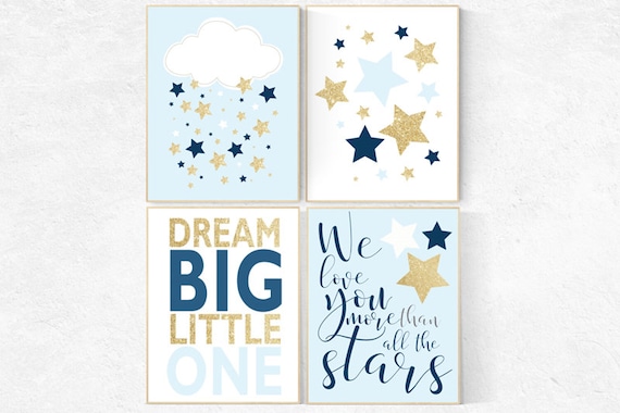 Nursery decor boy, nursery decor boy cloud, nursery wall art, cloud and stars, star nursery decor, navy blue gold, navy nursery decor boy