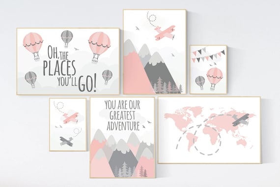 Adventure nursery wall art set, nursery decor girl, travel theme nursery, blush pink, adventure awaits, world map, baby nursery decor