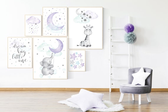 Elephant, giraffe, nurser decor girl, Purple teal nursery wall art, Nursery decor girl purple, lilac nursery print, lavender, lilac mint