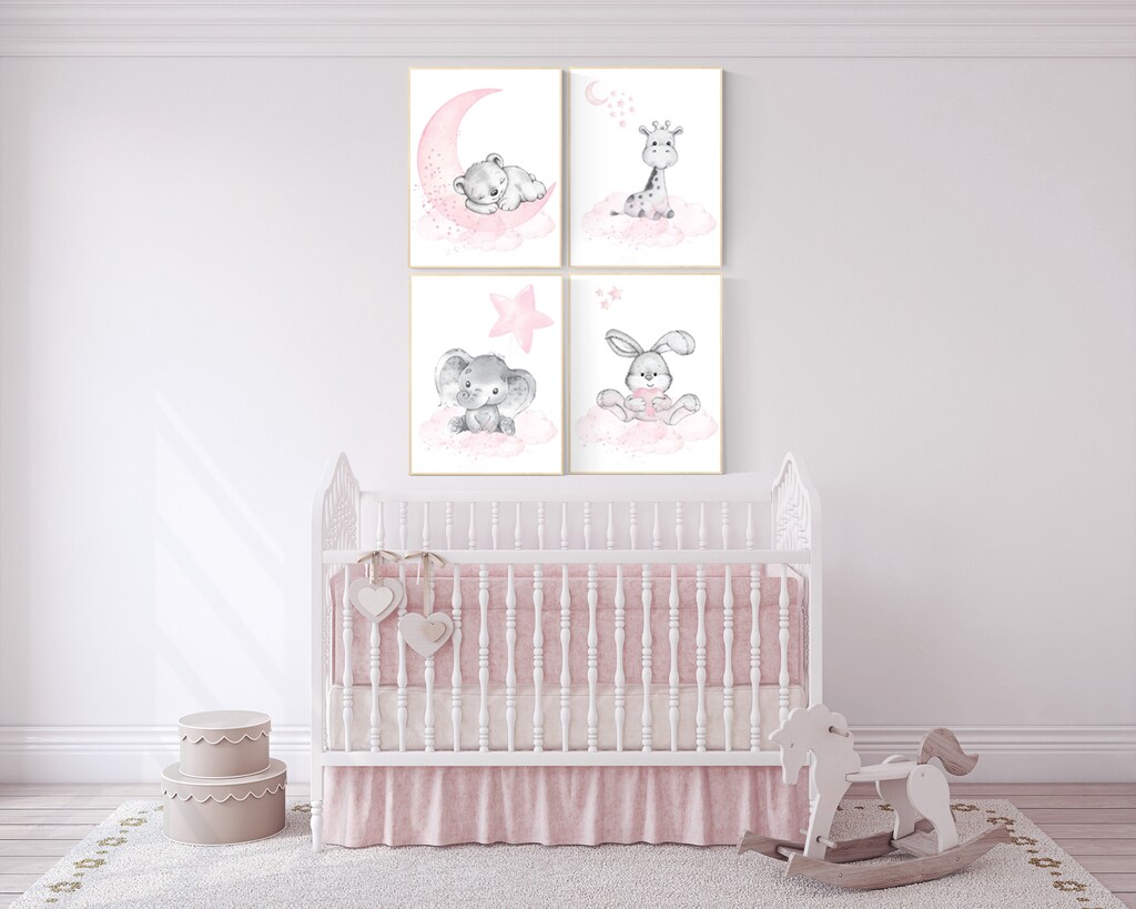 3 Stampe Su Tela Con Animali Ballerine Rosa | Elefante, Coniglietto E Orso Per Cameretta Bambina 40x60 Cm