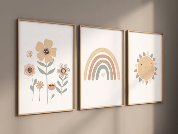 Rainbow nursery, gender neutral, earth colors, flower nursery, rainbow prints, sun print, neutral colors, baby room decor, vintage flower