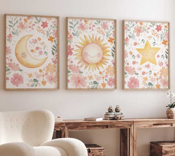 Sun Moon Star Nursery Wall Art Set, Floral Baby Girl Room Decor, Watercolor Celestial Prints, Blush Pink Yellow Boho Kids Wall Art