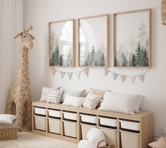 Nursery decor mountain, nursery wall art, tree nursery decor, adventure theme nursery, forest, sage green, beige, woodland animals