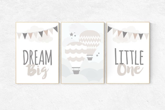 Nursery Decor neutral, Dream Big Little One, gender neutral nursery, nursery wall art hot air balloon, nursery art dream big, gray nursery