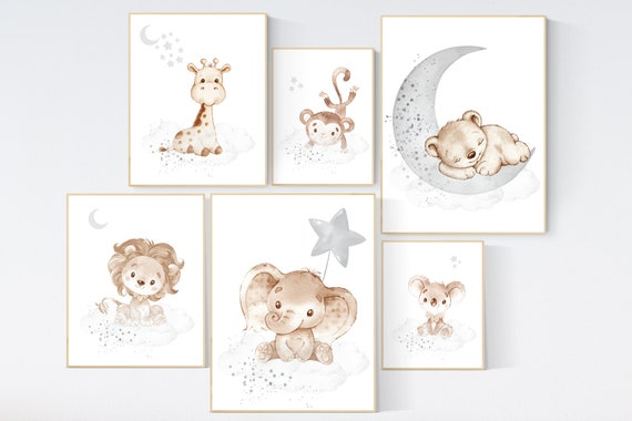 Nursery wall art animals, gray nursery, gender neutral nursery, neutral nursery, monkey, koala, lion, bear, elephant, giraffe, animal prints