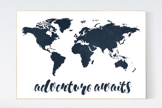 Navy World Map print, Adventure awaits Nursery print, Kids Room Decor, playroom decor toddler navy baby wall art, world map gift, nursery