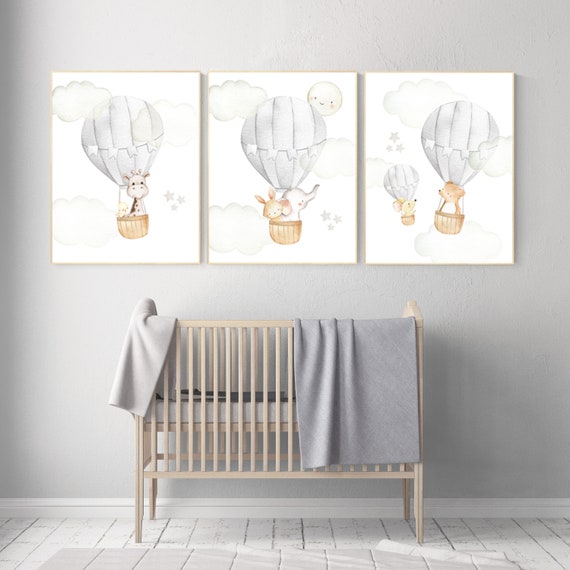 Gray nursery, grey nursery, hot air balloon, Nursery decor neutral, animal nursery, gender neutral, baby room decor, elephant, bunny giraffe