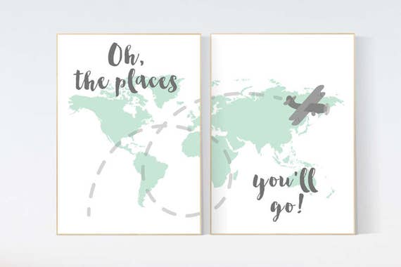 Mint nursery decor, Oh the places you'll go, World Map wall art, world map nursery, world map wall art, gender neutral nursery decor, mint