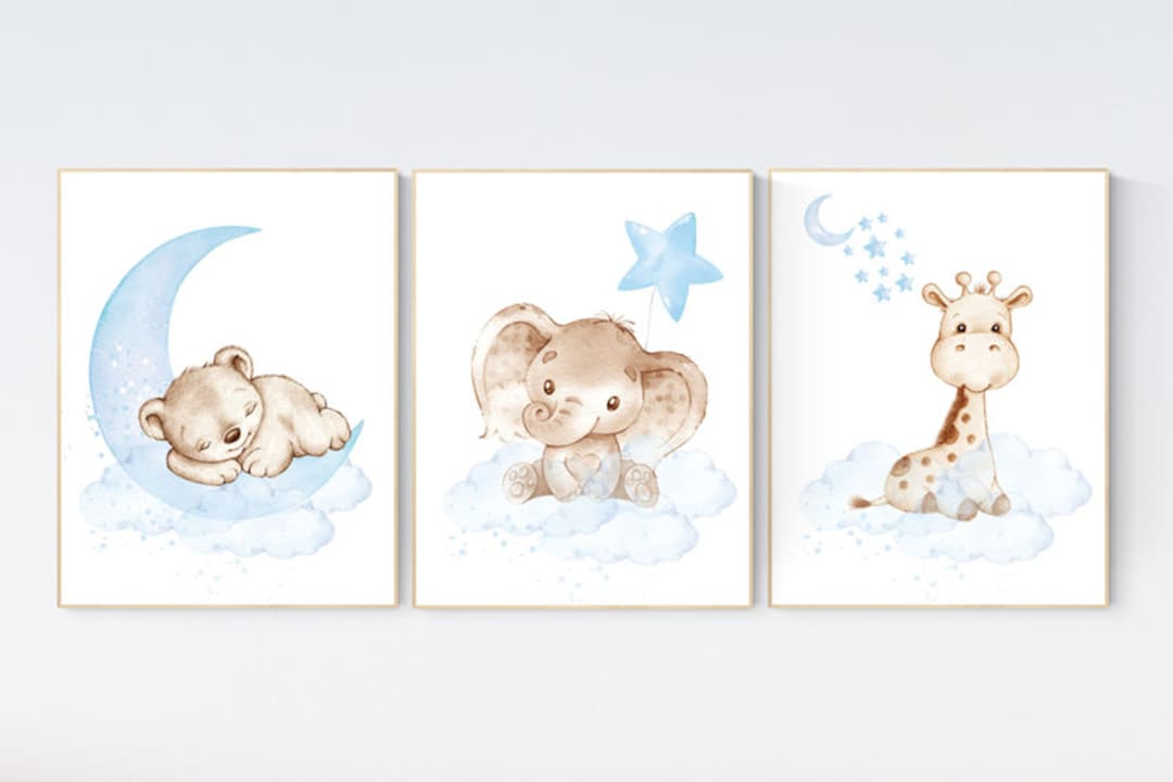 Nursery Wall Art Animals, Baby Room Decor Blue, Baby Room Decor Bear