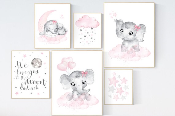 Nursery wall art girl elephant, pink grey, nursery decor girl pink, we love you to the moon and back, moon and stars, baby room decor girl