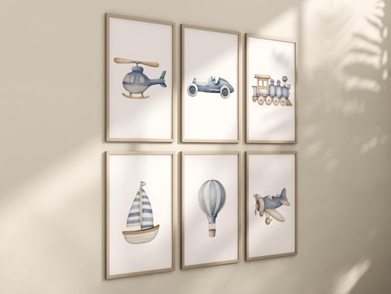 Vehicle Art Prints Set of 6, Transportation Nursery Wall Art