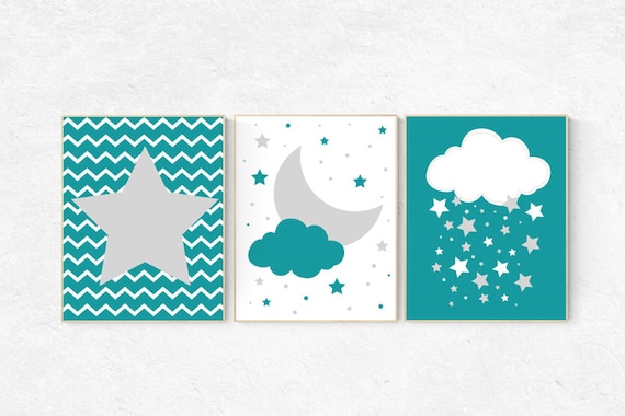 Nursery decor boy teal, nursery decor boy star, teal nursery decor, nursery prints boy, cloud and stars nursery decor, nursery wall art boy