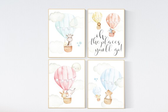 Hot air balloon nursery wall art, nursery decor animals, elephant, giraffe, bear, bunny, gender neutral, twin nursery, baby registry, travel