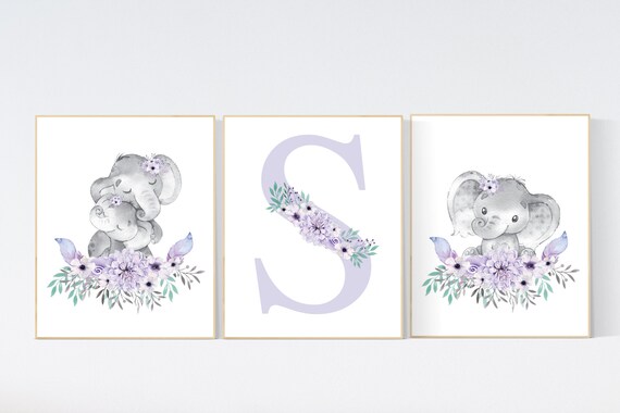 Purple teal nursery, Boho baby room, nursery wall art elephant, nursery decor girl, nursery decor girl floral, lilac nursery decor, lavender