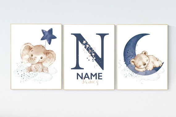 Nursery wall art animals, baby room decor navy blue, baby room decor bear, elephant, animal nursery decor, name nursery prints