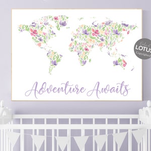 Chambre d'enfant bohème, décoration de chambre de fille, carte du monde florale, décoration de chambre de fille, chambre de bébé de voyage, chambre de bébé florale, décoration de chambre de fille, décoration de chambre de filles