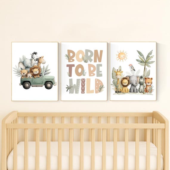 Safari Nursery Art Prints: Jungle Animals, Jeep, Lion, "Born to Be Wild"