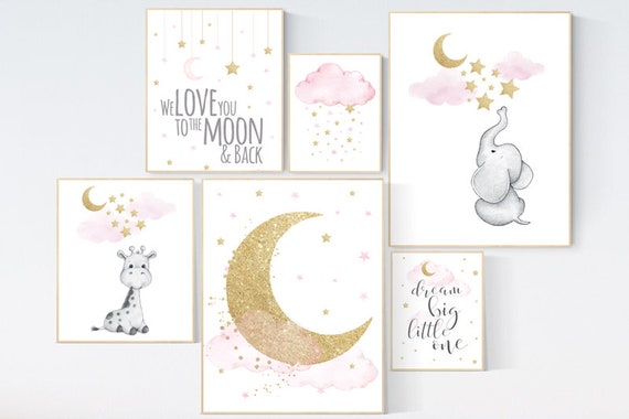 Nursery decor girl elephant, pink and gold nursery, we love you to the moon and back, pink nursery wall art, moon and stars nursery art