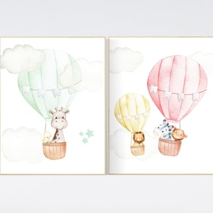 Hot air balloon nursery, gender neutral prints, nursery wall art, animal prints, travel theme, adventure theme, set of 2 prints