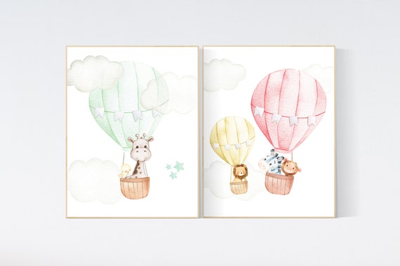 Hot air balloon nursery, gender neutral prints, nursery wall art, animal prints, travel theme, adventure theme, set of 2 prints