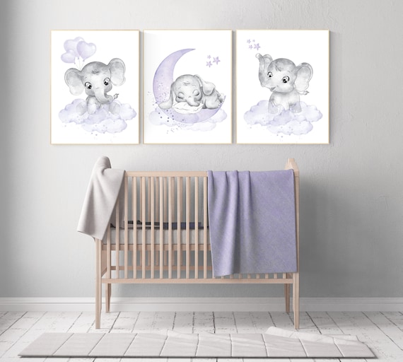 Girls room decor purple, Nursery decor girl purple, nursery decor elephant girl, moon and stars, nursery decor girl lavender, lilac nursery