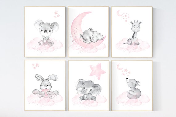 Animal nursery, nursery decor girl pink gray, nursery decor girl woodland animals, teddy bear, elephant, giraffe, baby girl nursery prints