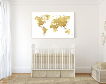 World map print nursery, gold map, baby girl, travel theme nursery wall art, nursery print, gold nursery art, travel theme nursery baby room