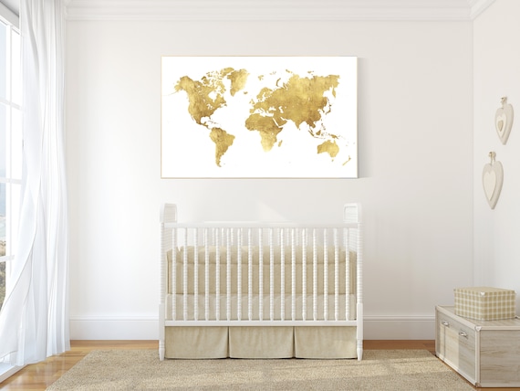 World map print nursery, gold map, baby girl, travel theme nursery wall art, nursery print, gold nursery art, travel theme nursery baby room