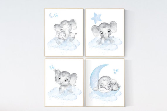 Elephant nursery, Nursery decor boy, nursery wall art, nursery art, blue nursery decor, moon and cloud, nursery decor boy modern, blue gray