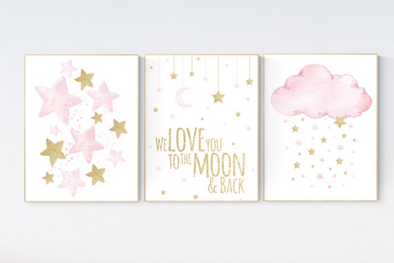 Nursery wall art girl cloud, stars, baby room decor girl gold and pink, we love you to the moon and back, pink gold nursery, baby room decor