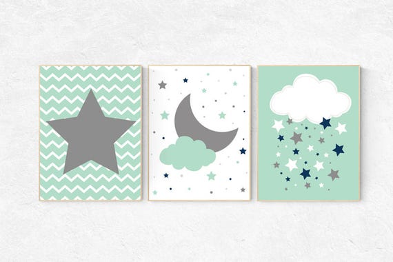 Mint navy nursery decor, cloud nursery mint nursery, star nursery decor, nursery wall art, set of 3, nursery prints, baby room, mint navy