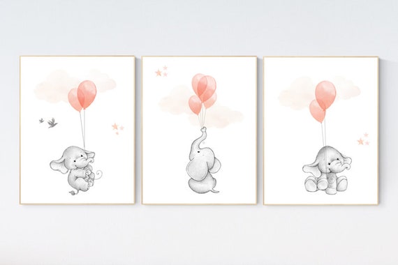 Nursery decor girl coral, elephant balloon print, coral nursery, elephant artwork, elephant wall art, baby girl nursery wall art, balloons