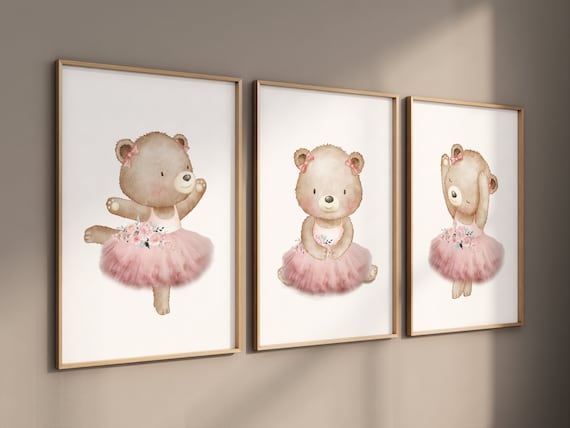 Ballerina animals, bear nursery, baby room decor girl, nursery prints girl, ballet prints, ballet animals, ballerina bears, teddy bear