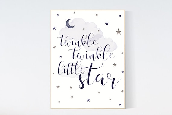 Twinkle twinkle little star, navy nursery decor, moon and stars, navy blue nursery art. baby room decor