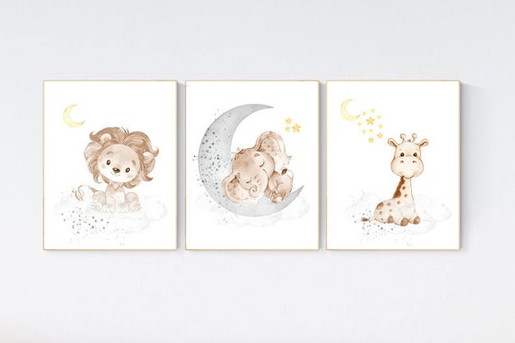 Nursery decor neutral, Yellow gray nursery, nursery wall art animals, elephant, lion, bear, moon, stars, gender neutral, yellow and gray