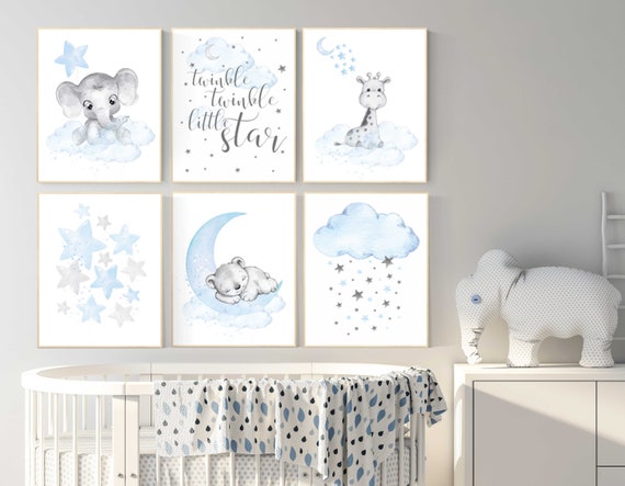 Nursery wall art bear, giraffe, elephant, animal prints, Animal nursery wall art, bear decor for nursery, blue grey elephant, boys nursery