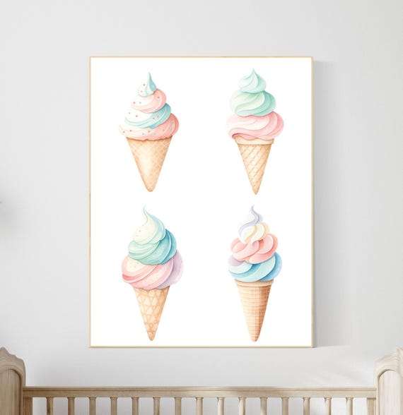 Pastel Ice Cream Cone Wall Art – Colorful Dessert Printable, Summer Candy Shop Decor, Kids Room Art, Cute Sweet Treat Poster