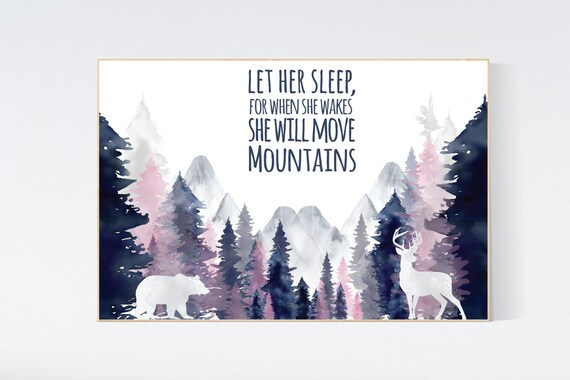 Nursery decor woodland, mountain wall art, tree nursery decor, adventure theme nursery, forest, navy, blush woodland animals, forest