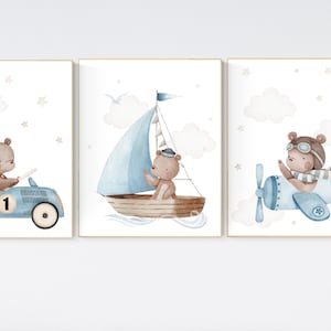 Nursery decor bear, gender neutral nursery, travel nursery, plane nursery, car nursery, bear nursery print, teddy bear decor, blue nursery