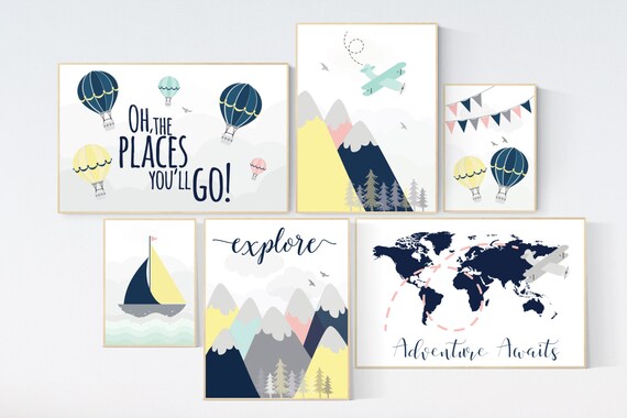 Adventure awaits nursery, Mountain art print set, navy mint yellow, Adventure nursery, mountain, airplane, world map, hot air balloon