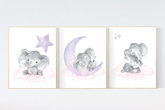 Nursery decor girl elephant, lavender, nursery decor girl pink and purple, animal nursery, elephant decor for nursery for girl, lilac art