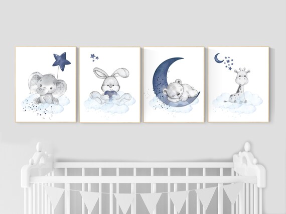 Nursery decor animals, giraffe, elephant, bunny, bear, animal nursery prints, navy blue nursery, baby room wall decor, woodland animal