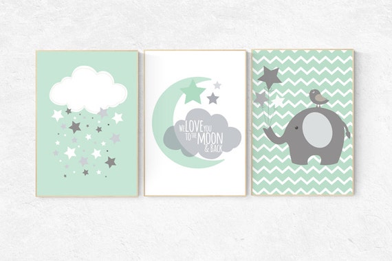 Nursery decor elephant. We love you to the moon and back, mint nursery decor, mint green decor, elephant nursery, teal, gender neutral