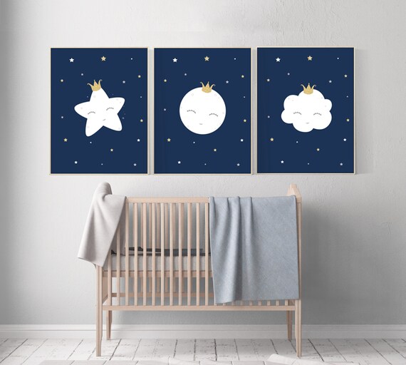 Navy nursery decor, cloud and stars, moon and stars, navy blue nursery art. baby room wall art, boy nursery decor, set of 3, nursery art