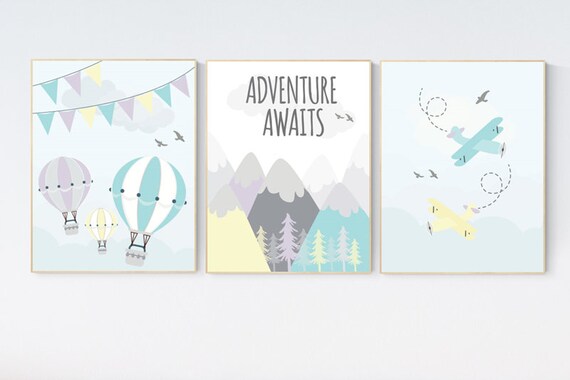 Adventure nursery, yellow, teal, lilac, hot air balloon nursery, adventure awaits, gender neutral , nursery wall art boy airplane, mountain