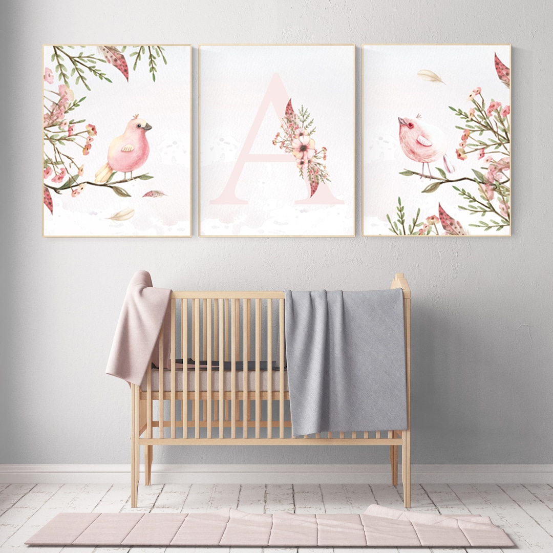 Nursery Wall Art Birds, Nursery Decor Girl Flower, Nursery Decor Girl
